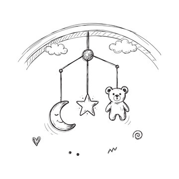 Baby mobile with crescent moon star and teddy bear sketch on white background