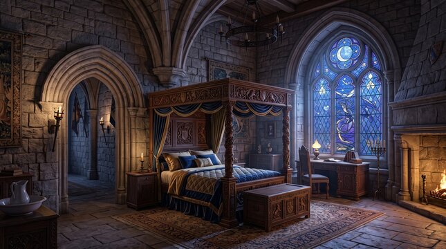 Gothic castle bedroom interior with stone walls vaulted ceiling and luxurious blue canopy bed