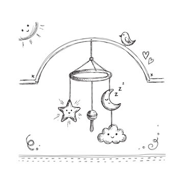 Baby mobile with sun moon star and bird sketch on a white background