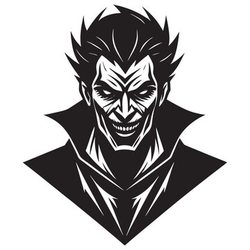 Stylized black and white of a sinister male character with a sharp grin, comic book villain portrait, dark fantasy avatar, isolated on a white background, sharp