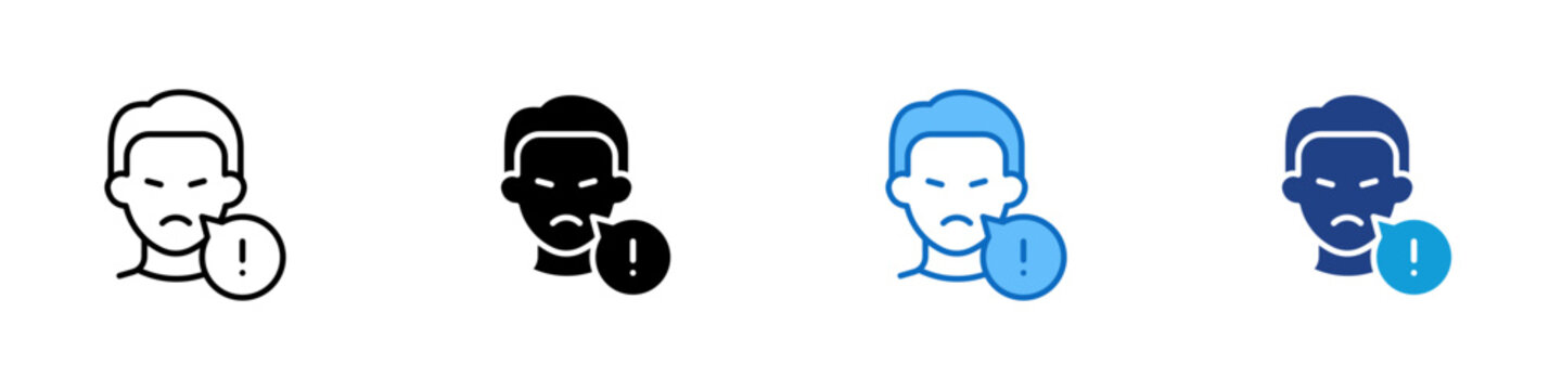 Customer Complaint Multiple Style Icon Design Vector - Unhappy customer with warning sign representing complaint management, issue reporting, and service resolution