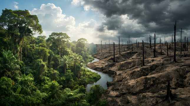 Contrasting landscape of lush rainforest and deforested land under dramatic sky