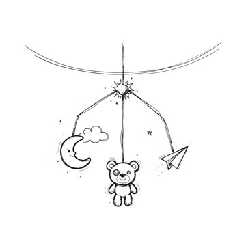 Sketch Of Mobile With Teddy Bear Moon Sun And Paper Airplane