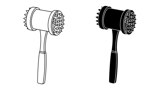 Meat Tenderizer: A kitchen tool for tenderizing meat, featuring a dual-sided head with spikes on one side and flat surfaces on the other. Shown in both outline and solid black design.