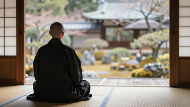 Japanese Buddhist Monk Practicing Zen Meditation Inside Traditional Temple, Copy space on the right, Back view