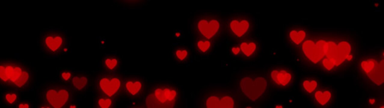 Red hearts and circles floating on black background, valentines day abstract animation, flying through red hearts painted with light. Infinitely looped animation, 4k video.