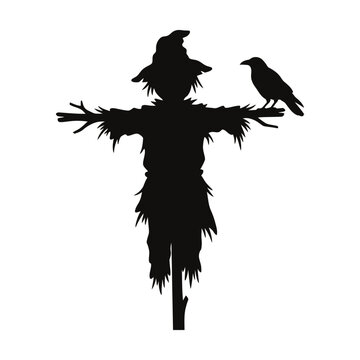 Scarecrow silhouette, crow on shoulder, black icon, agricultural symbol, farm protection isolated on White Background