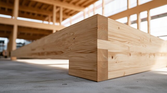Engineered Glulam Timber Beam Close Up Inside Modern Mass Timber Building Under Construction