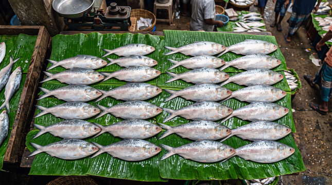 Rows of fresh silver hilsa fish displayed on green banana leaves at fish market