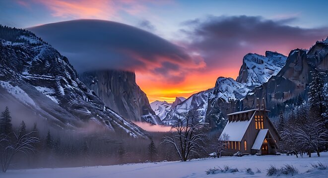 A serene snowy landscape with a small church amidst mountains at sunset