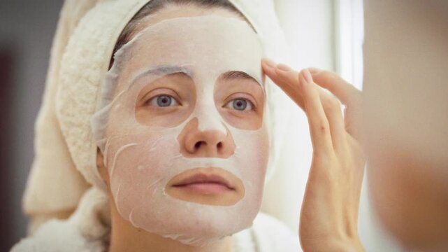 In a bathroom, a girl in a white robe and a towel on her head stands before the mirror, gently smoothing an aloe-vera-infused fabric mask over her face for a tight, moisturizing skin-care routine