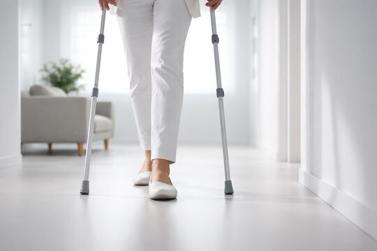 Walking with crutches in a bright indoor space during daytime
