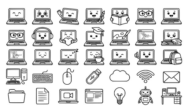 Cute Cartoon Laptop Coloring Page Vector Set Black and White Computer Outline Collection