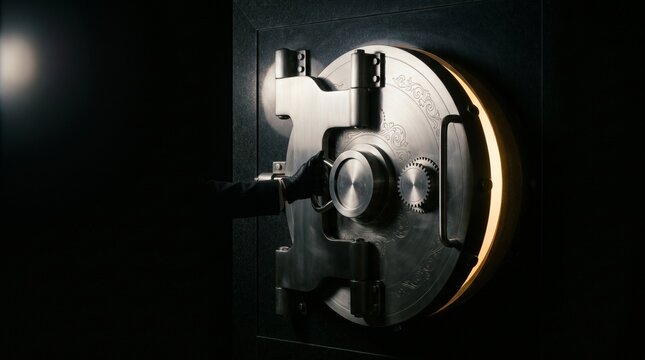 Professional thief wearing black gloves opening massive vintage bank vault door in dark room with mechanical gears and glowing light from inside high security safe.