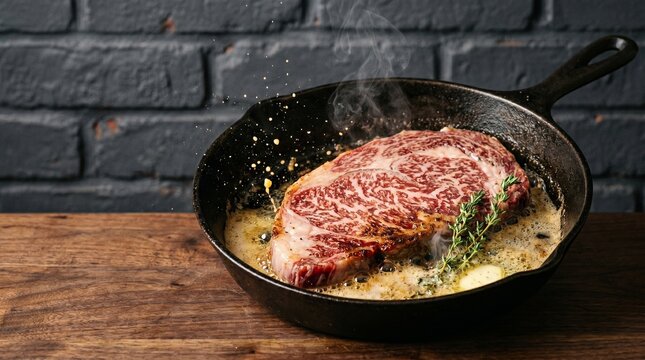 Raw marbled ribeye steak searing in hot black cast iron skillet with melted butter and fresh herb sprigs smoking over rustic wooden table against dark background.