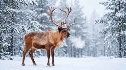 Reindeer standing in snowy winter forest with pine trees covered in frost and visible breath in cold air during winter season in lapland northern arctic region. © Muktalal