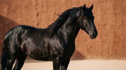 Stunning black stallion standing in front of rustic earthen wall displaying powerful muscular build shiny coat and flowing mane elegant portrait equine majesty. © Muktalal