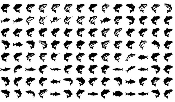 Jumping Fish Silhouette Icon Set with Freshwater and Marine Fish Black Vector Collection