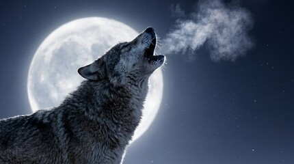 Wolf howling at large bright full moon during dark night with visible breath vapor in cold air and starry sky background creating mysterious atmospheric feeling. © Muktalal