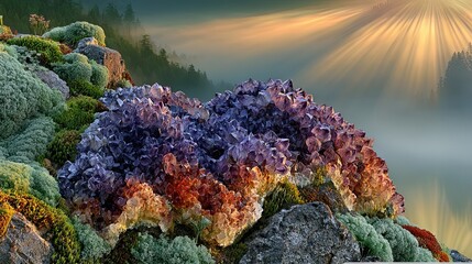 Fototapeta premium amethyst crystal cluster growing from moss covered rocks, morning mist, golden light rays, for meditation, healing and wellness