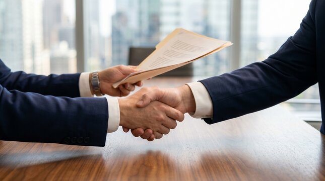 Two businessmen shaking hands across office desk while holding paper document representing successful negotiation contract signing and mutual corporate agreement.