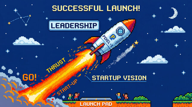Pixel art rocket ship launch representing business startup growth success