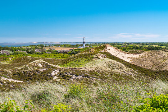 Sylt, Germany. View of the landscape and the Kampen Lighthouse (German: Kampener Leuchtturm &bdquo;Langer Christian&ldquo;) from the dune "Uwe D&uuml;ne".