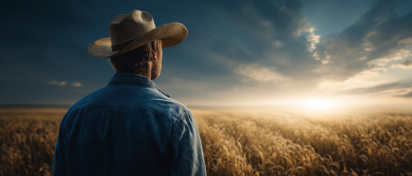 Farmer at Sunrise: A solitary farmer stands in a golden field, wearing a cowboy hat and looking out at the rising sun breaking through the dramatic clouds, symbolizing hope and the start of a new day.