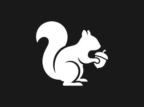 Charming white squirrel silhouette illustration with a classic profile, holding an acorn against a dark background, perfect for nature-themed designs and logos
