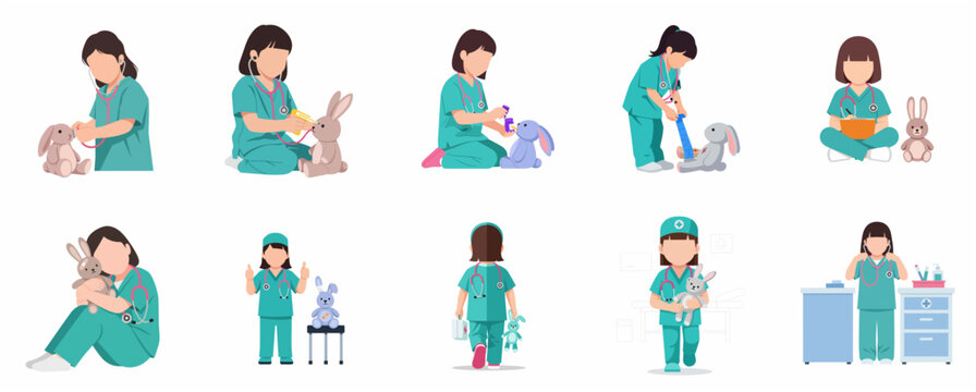 Little girl playing veterinarian and doctor with plush rabbit toys set, child roleplay concept