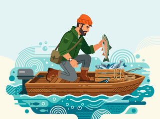 Naklejka premium Fisherman with catch in boat on water illustration