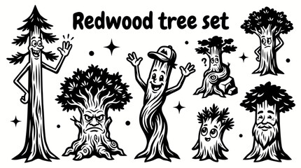 Redwood tree collection isolated for California forests, giant trees, national parks, and American wilderness themes. Black and white sketch style featuring tall trunks and natural forest elements © samira