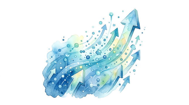 Watercolor growth arrows illustrating business success and upward financial progress with abstract blue fluid shapes isolated on white background