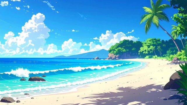 エメラルドブルーの海と白い砂浜 夏の海岸風景 アニメ風背景動画