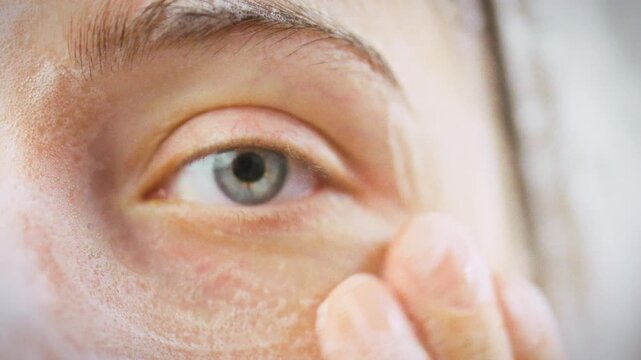 In a bathroom vanity, a girl gently massages white cleansing foam onto the delicate skin around her eye and under-eye area, illustrating a careful skin-care routine for sensitive facial skin