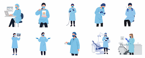 Fototapeta premium Collection of female dentist characters in blue medical scrubs and masks, performing various dentistry tasks, flat vector illustration