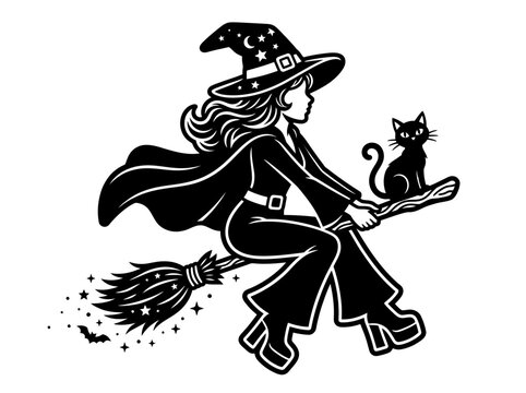Stylized Black Witch Riding Broomstick with Cat.