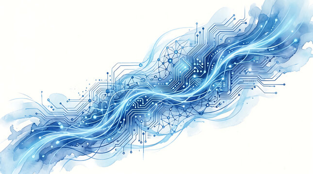 Abstract digital circuit board design with flowing blue watercolor wash elements for modern technology backgrounds and futuristic data network concepts
