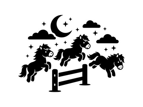 Three Cute Ponies Jumping Over Obstacle Under Night Sky.