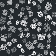 Fototapeta premium Grey Gun powder barrel icon isolated seamless pattern on black background. TNT dynamite wooden old barrel. Vector