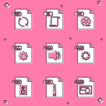 Set GIF file document, JS, AVI, DLL, WMA, RAW, WAV and ZIP icon. Vector