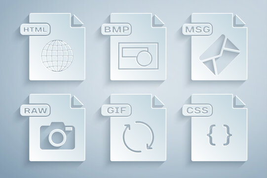 Set GIF file document, MSG, RAW, CSS, BMP and HTML icon. Vector