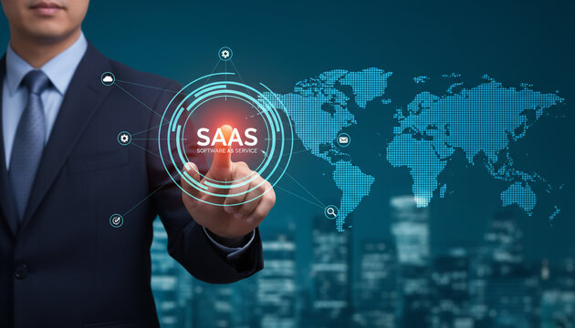Business professional managing global software as a service operations via virtual digital platform.
