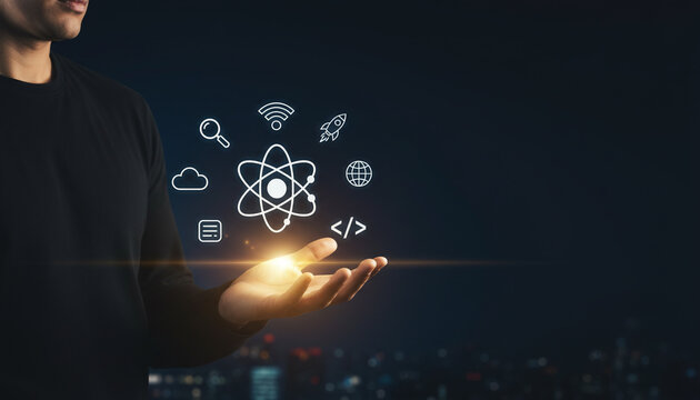 Businessman hand holding floating glowing digital interface showing technology innovation concept.