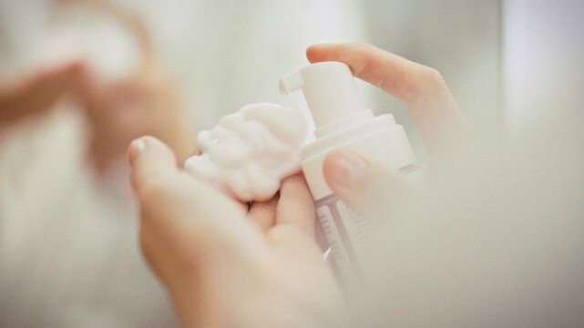 In a bright bathroom, a girl squeezes white, airy foam from a bottle into her hands, ready to wash her face, she stands before a mirror, the light highlighting her focused, fresh-skin routine