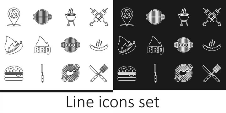 Set line Crossed knife and spatula, Sausage, Barbecue grilled shish kebab, fire flame, Hot chili pepper pod, Location with, and icon. Vector