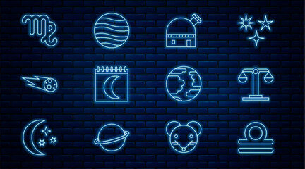 Set line Libra zodiac, Astronomical observatory, Moon phases calendar, Comet falling down fast, Virgo, Planet Mercury and Jupiter icon. Vector © vector_v