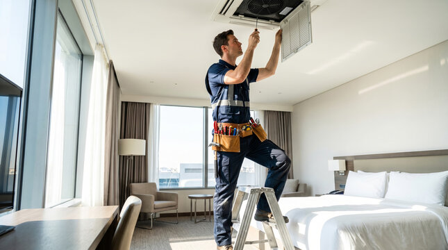 Hotel maintenance technician repairing ceiling air conditioning unit. Worker on ladder with tool belt in guest room. HVAC repair service concept.