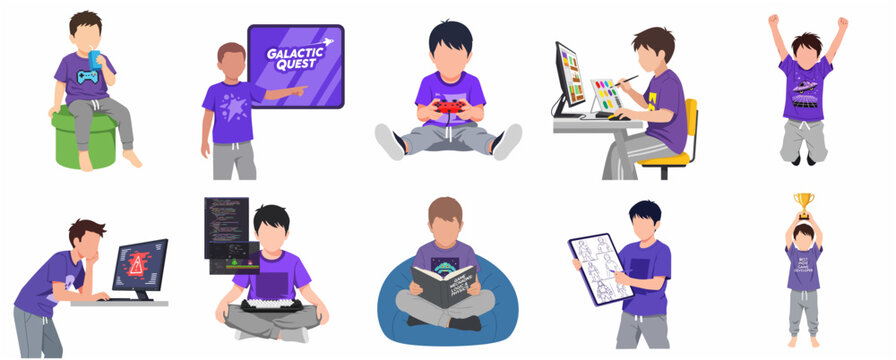 Set of Young Game Developer Vector Illustrations Showing Coding, Designing, and Achievement