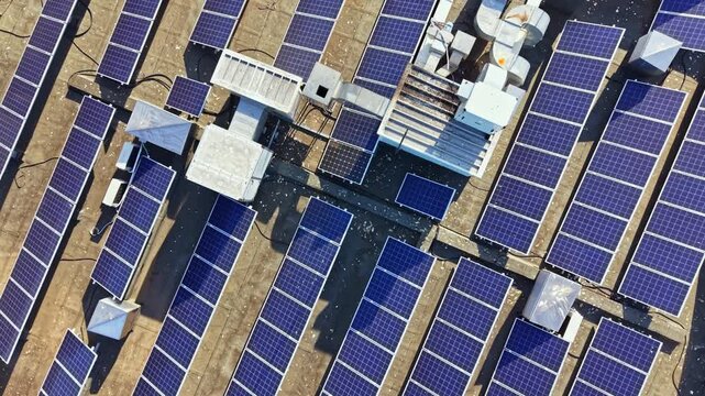 Many solar panels are installed on the rooftop. They face the sun and gather energy. Workers may be around for maintenance. It is sunny and bright, typical for a solar energy site.